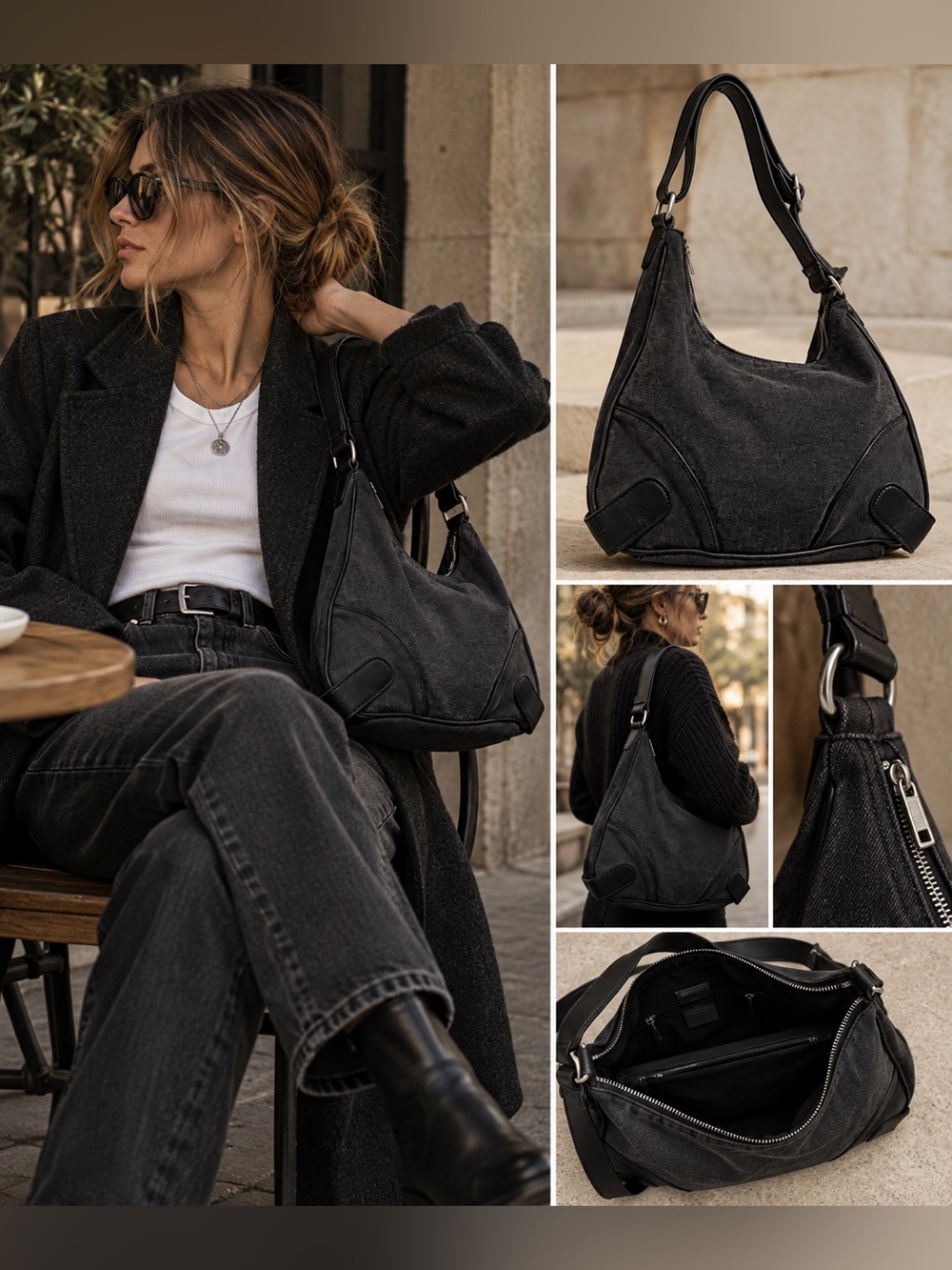 Black Denim Hobo Shoulder Bag Adjustable Strap Y2K Slouchy Purse
